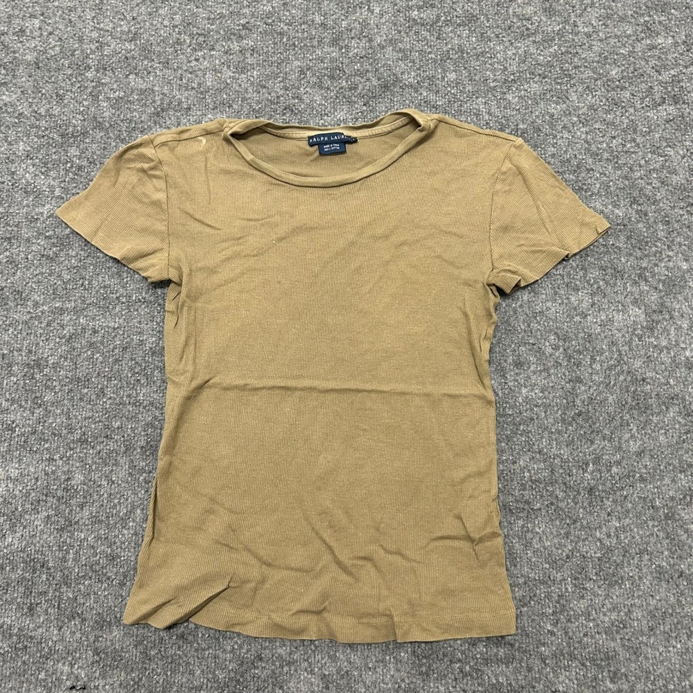 Ralph Lauren T-Shirt Womens Size L Tan Ribbed Cotton Short Sleeve Slim Fit Tee